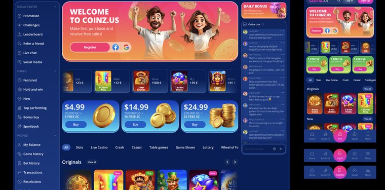 Coinz.us sweepstakes home lobby in the dark theme