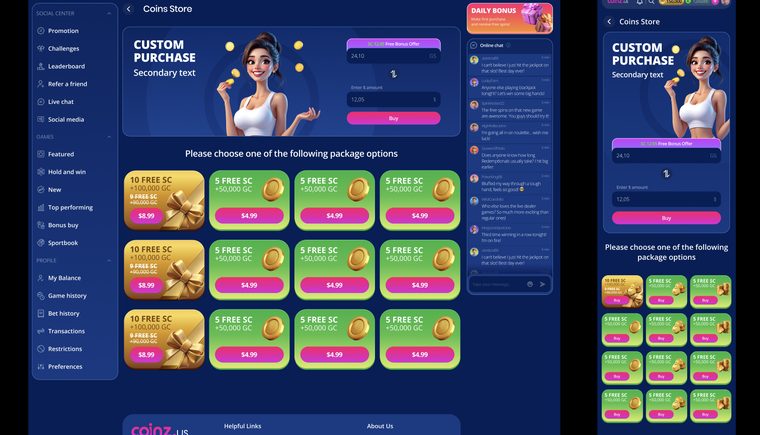 Dual-currency coin store with Gold Coins and free Sweeps Coins packages