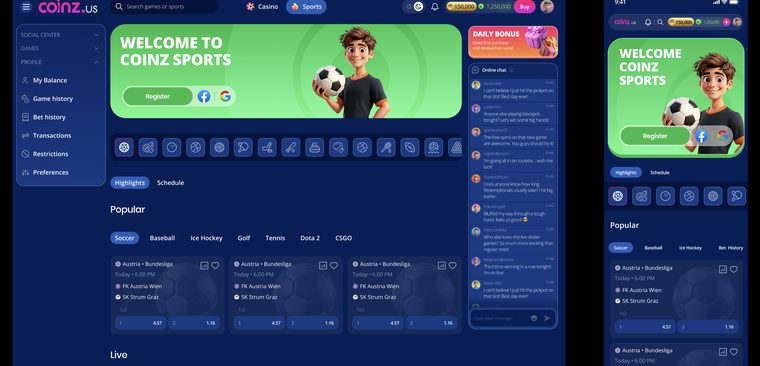 Coinz Sports sportsbook with live odds and schedules