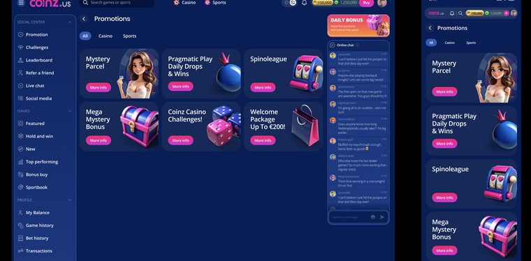 Promotions page with bonus and mystery-drop cards