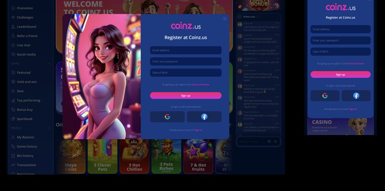 Registration modal with email and social login
