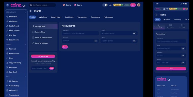 Account profile with balance, history and verification
