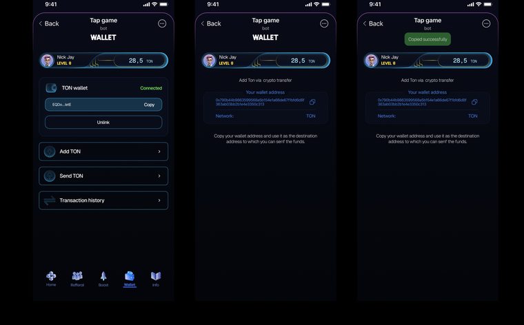 Web3 TON wallet screens